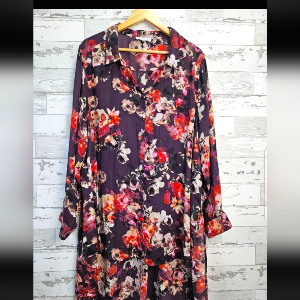 Spense Long Sleeve Hi Lo Tunic Collared Blouse Floral Sz. 3XL